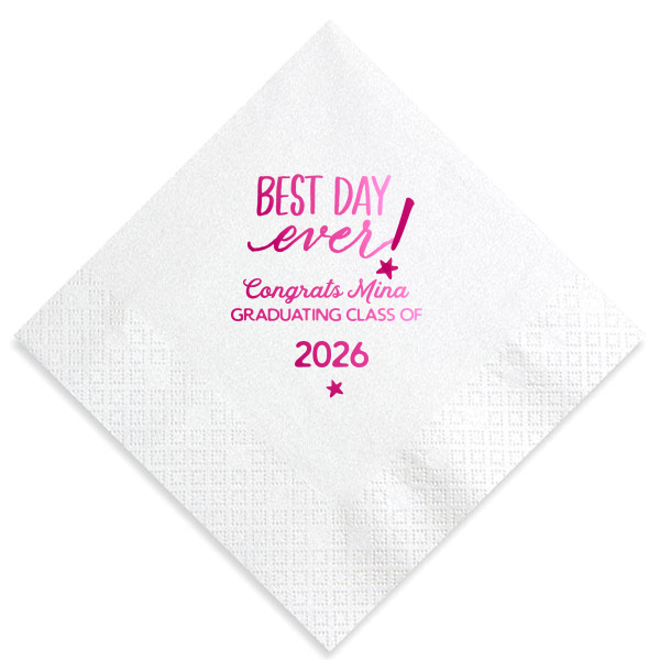 Commemorate a milestone with the Best Grad Day Ever Napkin, where 'BEST DAY EVER' declares triumph amid twinkling stars. Honor the graduate's stellar achievement as they cap off their education, capturing the sparkle of success and the glow of a bright future