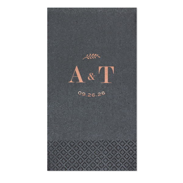 The Contemporary Leaf Monogram Wedding Napkin features elegant initials and date with a delicate botanical sprig for a refined tablescape. Choose it to elevate place settings with a polished, organic touch. Excellent for weddings or rehearsal dinners.