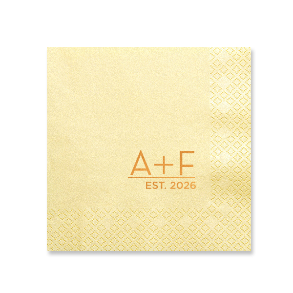 Embrace sleek sophistication with the Modern Initials Established Napkin design, showcasing bold initials aloft a significant date, marking the union's inception. Ideal for couples seeking a minimalist yet impactful emblem of their contemporary love story.
