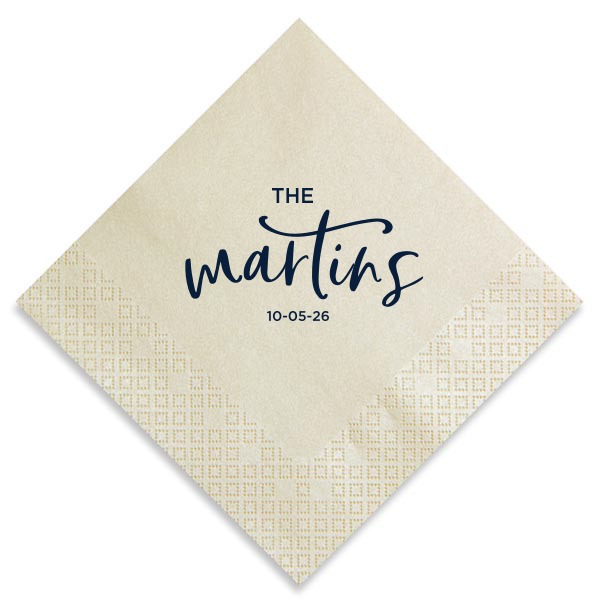 The Simple Script Newlywed Family Name and Date Napkin elegantly introduces the newlyweds with their shared last name in a bold, swirling script. Under it, the event date adds a personal touch, symbolizing their union and the beginning of a shared journey. Ideal for weddings, this napkin celebrates togetherness.