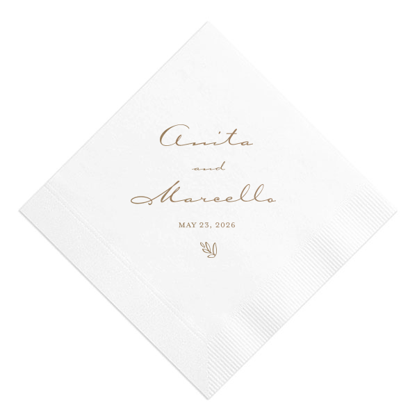 The Charming Script Names Napkin features graceful script lettering of the couple’s names and special date with delicate botanical accents for a romantic touch. Customize yours to elevate your tablescape and impress guests with thoughtful details. Refined for wedding receptions or bridal showers.