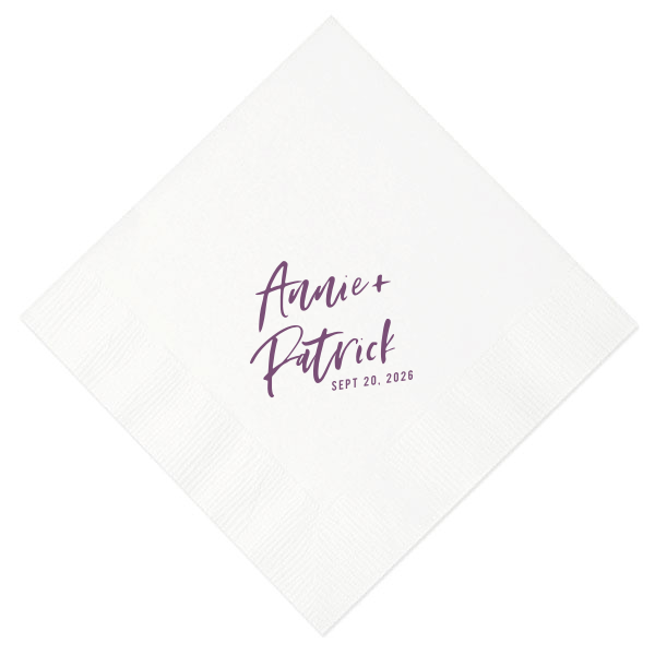 This Modern Hand Script Ink Printed Napkin features modern brush-style lettering of the couple’s names and event date arranged in a clean, contemporary layout for a stylish statement. Add it to your tables to create a cohesive look and elevate your reception décor. Great for wedding receptions or engagement celebrations.