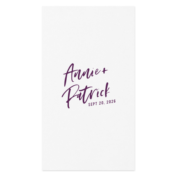 This Modern Hand Script Ink Printed Napkin features modern brush-style lettering of the couple’s names and event date arranged in a clean, contemporary layout for a stylish statement. Add it to your tables to create a cohesive look and elevate your reception décor. Great for wedding receptions or engagement celebrations.