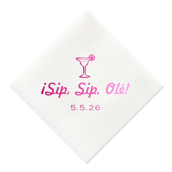 Add a twist of lime to your fiesta with the Sip, Sip, Olé! Margarita Napkin. Featuring a vibrant margarita glass, this napkin invites guests to clink glasses and savor the celebration, with space for a personalized touch that says 'salud' to fun!"