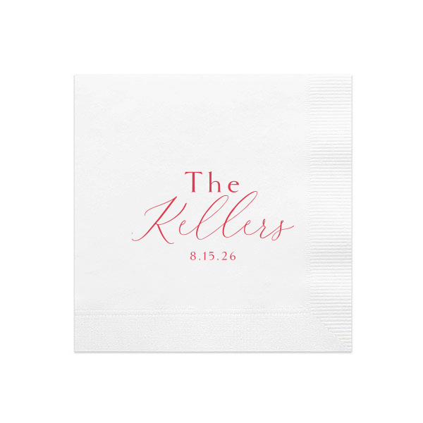 Exuding charm, the Sophisticated Family Name Napkin highlights the couple's shared surname in a bold, contemporary script. This design, focused on the last name with the event date subtly included, beautifully commemorates the unity celebrated on their wedding day.
