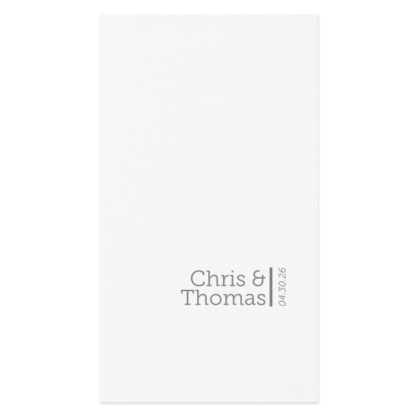 The Simply Elegant Names and Vertical Date Napkin design embodies modern sophistication with a minimalist approach. It features the couple's names beside a bold vertical line that artfully separates them from the event date, printed vertically from bottom to top. This design's clean lines and elegant simplicity make it a refined choice for any celebration.