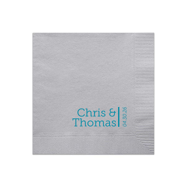 The Simply Elegant Names and Vertical Date Napkin design embodies modern sophistication with a minimalist approach. It features the couple's names beside a bold vertical line that artfully separates them from the event date, printed vertically from bottom to top. This design's clean lines and elegant simplicity make it a refined choice for any celebration.