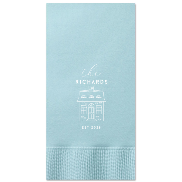 Custom French Blue Guest Hand Towel with Matte White Foil has a Single House Outline graphic and is good for use in Home themed parties and will make your guests swoon. Personalize your party's theme today.