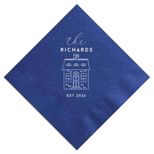 This Family Home Napkin features elegant script lettering of your family name and a charming home illustration with an established year detail. Add it to your powder room or dinner table to create a welcoming, polished look for visitors. Perfect for housewarming parties!