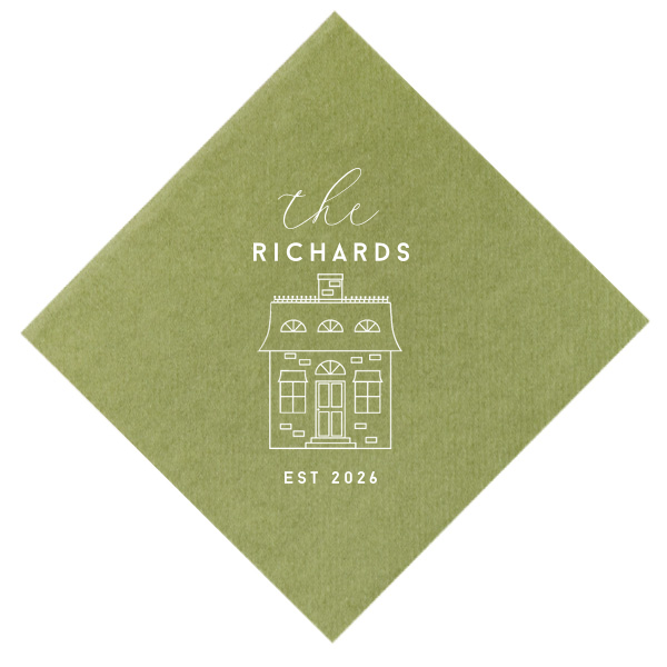 This Family Home Napkin features elegant script lettering of your family name and a charming home illustration with an established year detail. Add it to your powder room or dinner table to create a welcoming, polished look for visitors. Perfect for housewarming parties!