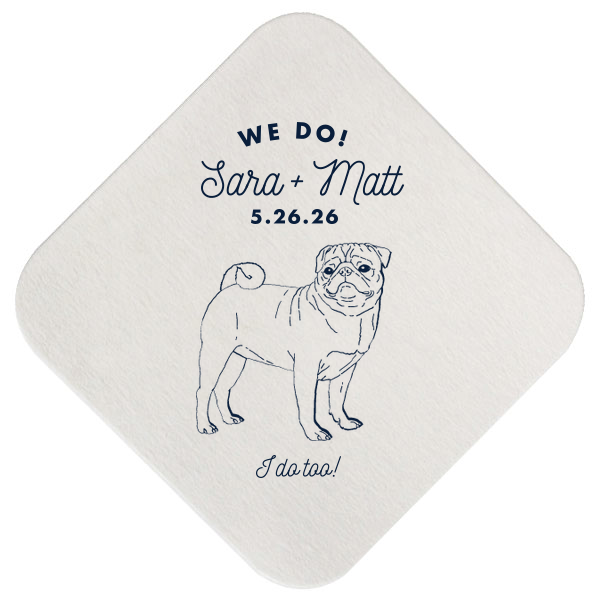 Our custom Eggshell Square Coaster with Matte Navy Foil has a Pug graphic and is good for use in Animals themed parties and will impress guests like no other. Make this party unforgettable.