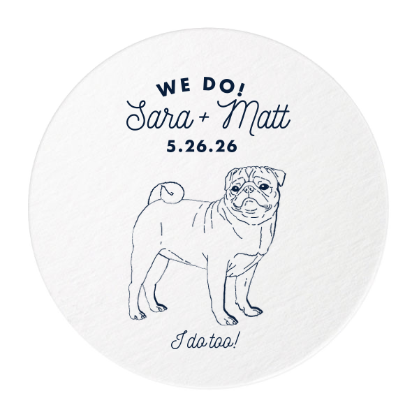 Our custom Eggshell Square Coaster with Matte Navy Foil has a Pug graphic and is good for use in Animals themed parties and will impress guests like no other. Make this party unforgettable.