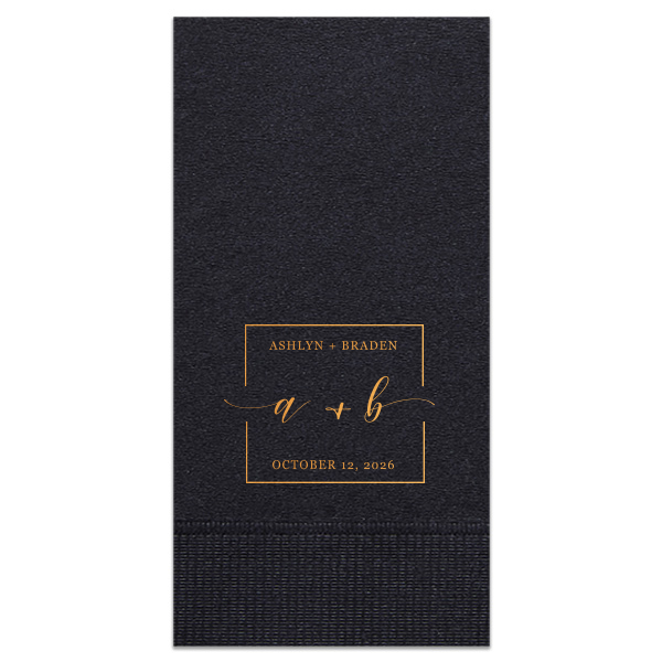 The Vintage Modern Script Napkin features modern script names arranged on a subtle diagonal for a clean, contemporary look. Customize yours to create a cohesive tablescape that feels stylish and intentional. Refined for wedding receptions or engagement parties.