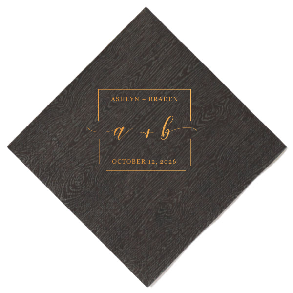 The Vintage Modern Script Napkin features modern script names arranged on a subtle diagonal for a clean, contemporary look. Customize yours to create a cohesive tablescape that feels stylish and intentional. Refined for wedding receptions or engagement parties.