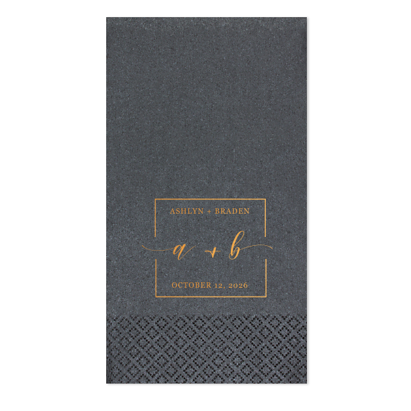 The Vintage Modern Script Napkin features modern script names arranged on a subtle diagonal for a clean, contemporary look. Customize yours to create a cohesive tablescape that feels stylish and intentional. Refined for wedding receptions or engagement parties.