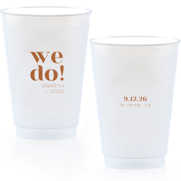 The Bold We Do Names Cup features bold serif lettering paired with a clean layout and understated secondary text with the couple’s names, special date, and location for a modern wedding look. Choose it to serve drinks with a polished, joyful statement guests will love. Spot-on for wedding receptions and engagement parties.