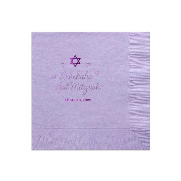Embrace tradition with a touch of love on the Hearts Bat Mitzvah Napkin, featuring a Star of David amid a cascade of hearts. The celebrant's name and 'Bat Mitzvah' in graceful script, followed by the event date, add a personal flourish to this momentous celebration.