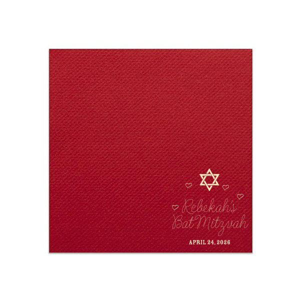 Embrace tradition with a touch of love on the Hearts Bat Mitzvah Napkin, featuring a Star of David amid a cascade of hearts. The celebrant's name and 'Bat Mitzvah' in graceful script, followed by the event date, add a personal flourish to this momentous celebration.