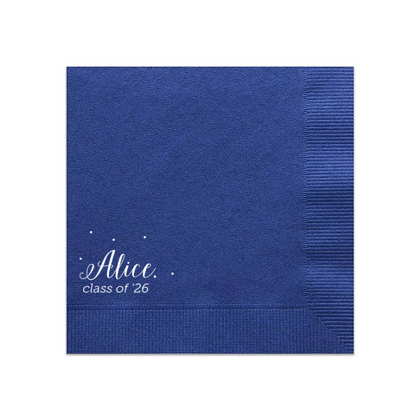 Commemorate your graduate’s achievement with our Sweet Dots Graduation Napkin. It gracefully features your graduate’s name in an elegant cursive, surrounded by six delicate dots that add a subtle sparkle. The class year, prominently displayed beneath, anchors this simple yet sweet tribute to their hard work and success.
