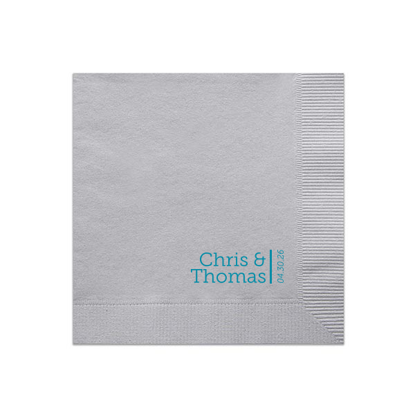 The Simply Elegant Names and Vertical Date Napkin design embodies modern sophistication with a minimalist approach. It features the couple's names beside a bold vertical line that artfully separates them from the event date, printed vertically from bottom to top. This design's clean lines and elegant simplicity make it a refined choice for any celebration.