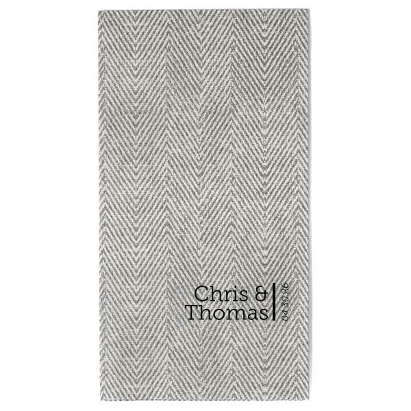 The Simply Elegant Names and Vertical Date Napkin design embodies modern sophistication with a minimalist approach. It features the couple's names beside a bold vertical line that artfully separates them from the event date, printed vertically from bottom to top. This design's clean lines and elegant simplicity make it a refined choice for any celebration.