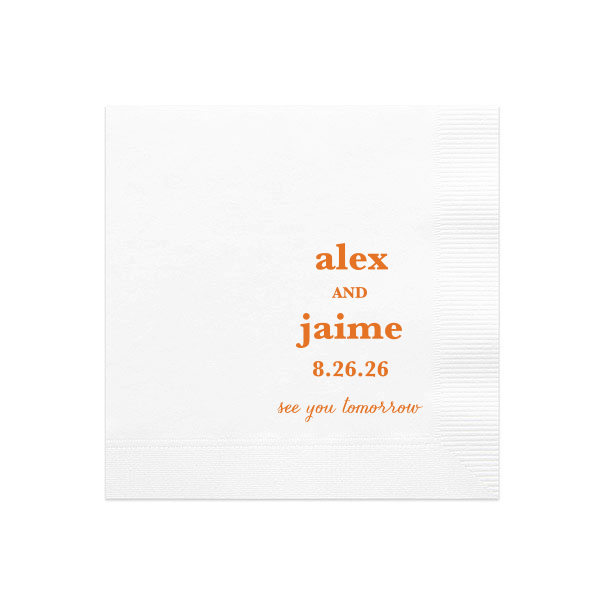The ever-popular White Cocktail Napkin with Matte Tangerine Foil will look fabulous with your unique touch. Your guests will agree!