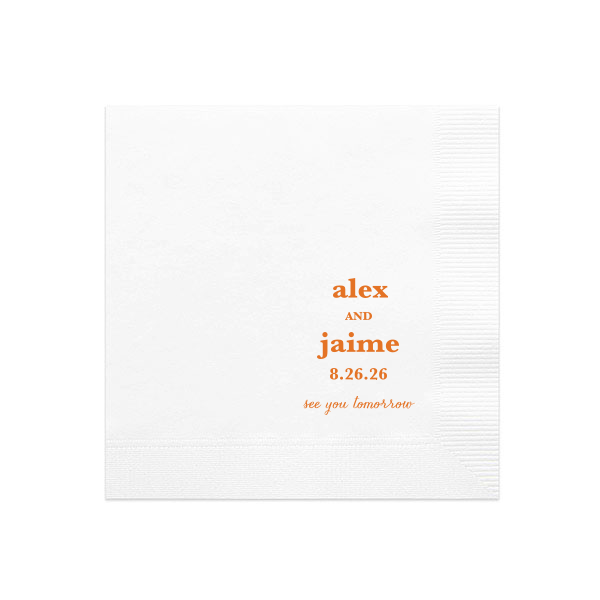 The ever-popular White Cocktail Napkin with Matte Tangerine Foil will look fabulous with your unique touch. Your guests will agree!