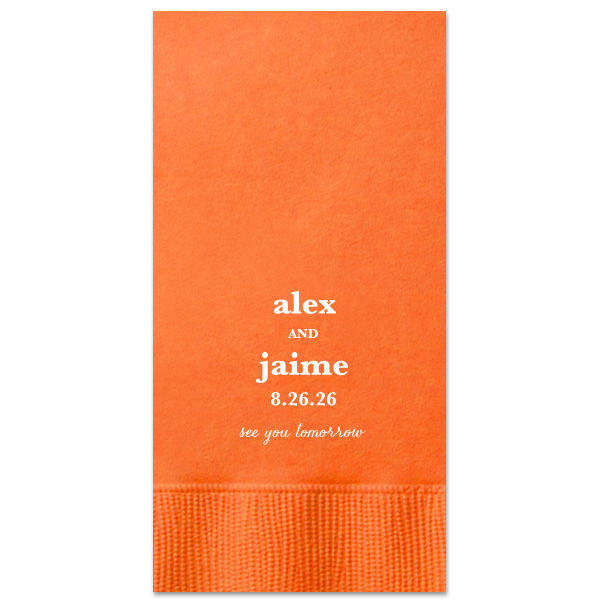 The ever-popular White Cocktail Napkin with Matte Tangerine Foil will look fabulous with your unique touch. Your guests will agree!