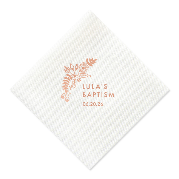 Celebrate with the Floral Bough Baptism Napkin, where beauty and grace intertwine. A lush bough of flowers and foliage arches diagonally, elegantly framing the baptismal announcement. Perfect for adding a touch of natural splendor to this sacred moment.