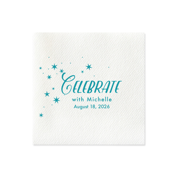 Ignite the party with the Twinkling Stars Celebrate Napkin! A dazzling burst of stars floats in the air, emphasizing the jubilant "Celebrate". Like fireworks in the night sky, this design captures the essence of pure festivity.
