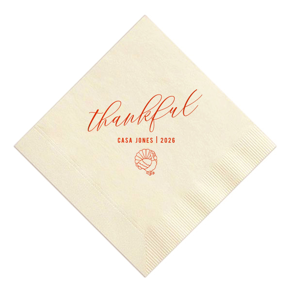 Custom Ivory Cocktail Napkin with Shiny Poppy Foil has a Live Turkey graphic and is good for use in Holiday, Thanksgiving themed parties and can be personalized to match your party's exact theme and tempo.