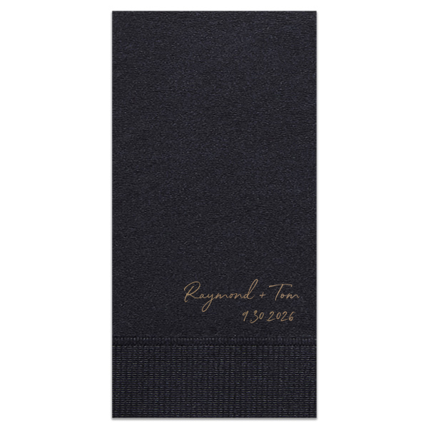 The Elegant Handwritten Couple’s Napkin elegantly displays the couple’s names in a flowing script, connected by a plus sign, above a chic, European-styled date. Its design merges simplicity with an elegant flair, perfect for weddings and special celebrations.
