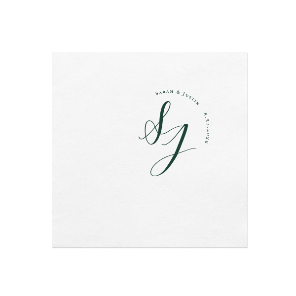 This Large Initials Napkin features elegant intertwined initials framed by delicate curved text of the couple’s names and special date for a refined look. Customize yours to elevate your reception details and impress every guest. Well-suited for wedding receptions or engagement celebrations!