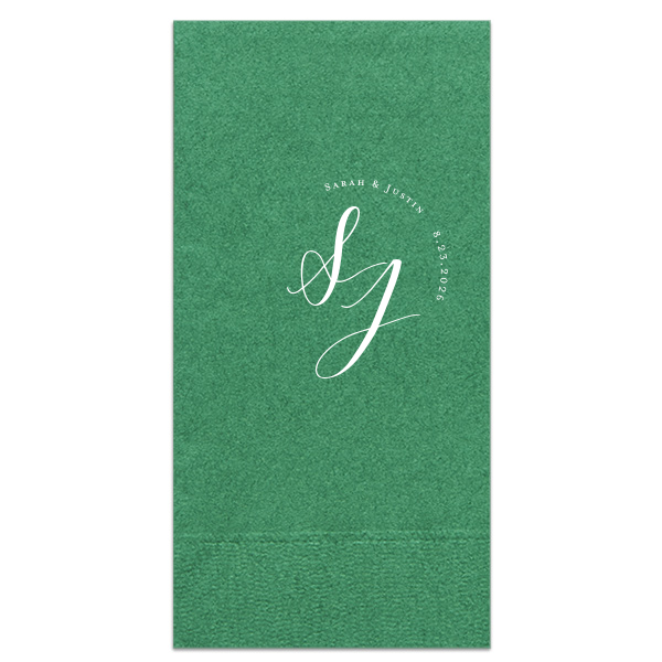 This Large Initials Napkin features elegant intertwined initials framed by delicate curved text of the couple’s names and special date for a refined look. Customize yours to elevate your reception details and impress every guest. Well-suited for wedding receptions or engagement celebrations!
