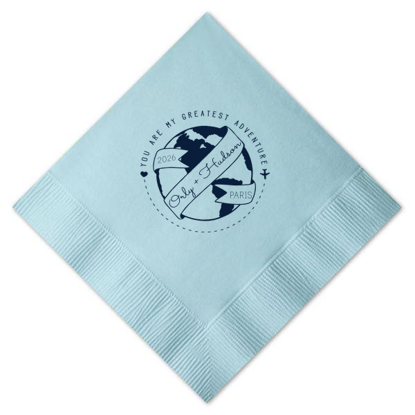 ForYourParty's chic RECYCLED Sky Blue Cocktail Napkin with Matte Navy Foil has a World Badge graphic and is good for use in Wedding, Baby Shower, Travel themed parties and will impress guests like no other. Make this party unforgettable.