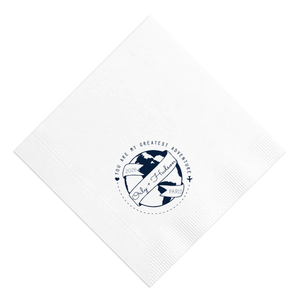 ForYourParty's chic RECYCLED Sky Blue Cocktail Napkin with Matte Navy Foil has a World Badge graphic and is good for use in Wedding, Baby Shower, Travel themed parties and will impress guests like no other. Make this party unforgettable.