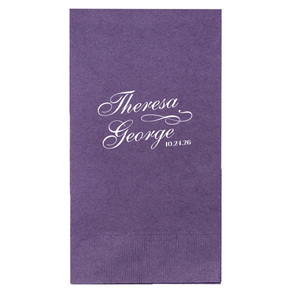 The Spouse Swirl Napkin features elegant script lettering of the couple’s names and special date with graceful flourishes for a classic, romantic presentation. Add it to your table settings to elevate your décor and impress guests with thoughtful details. Refined for wedding receptions or anniversaries.