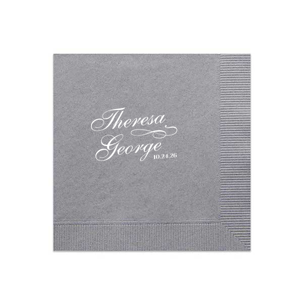 The Spouse Swirl Napkin features elegant script lettering of the couple’s names and special date with graceful flourishes for a classic, romantic presentation. Add it to your table settings to elevate your décor and impress guests with thoughtful details. Refined for wedding receptions or anniversaries.