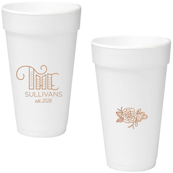THE Modern Family Name and Peony Foam Cup elegantly merges urban flair with floral grace. The design showcases “The” as stylish skyscrapers with ornate flourishes. Below, the family name and anniversary stand bold. On the back, a delicate peony adds a contrasting natural beauty. An artistic melange of symbolism!