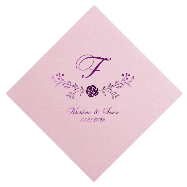 Custom Pastel Pink Linen Like Cocktail Napkin with Shiny Amethyst Foil has a Floral Vine graphic and is good for use in Wedding and Garden Party themed parties and will add that special attention to detail that cannot be overlooked.