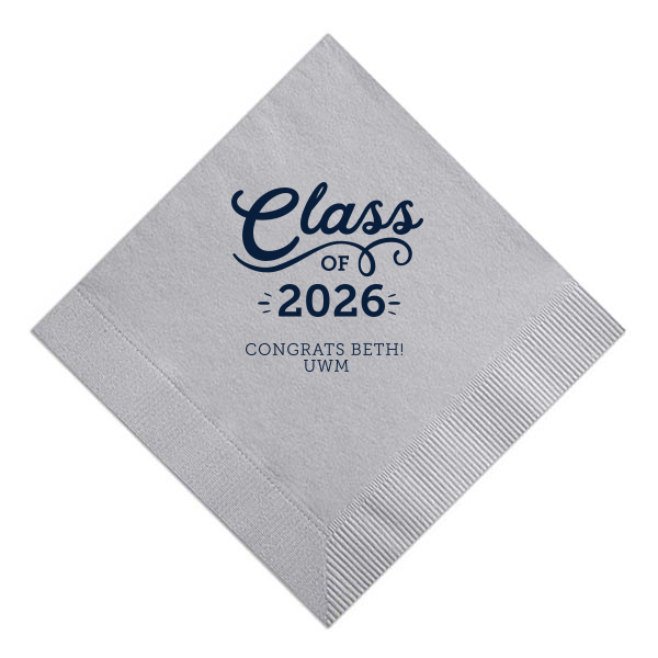 The Swirly Class of Graduation Name Napkin design exudes celebratory energy. A playful, swirling script for "Class" and an expansive flourish underneath capture the joy of graduation. Congratulatory wishes and school initials below, accented with light beams, amplify this napkin's vibrant and spirited design.