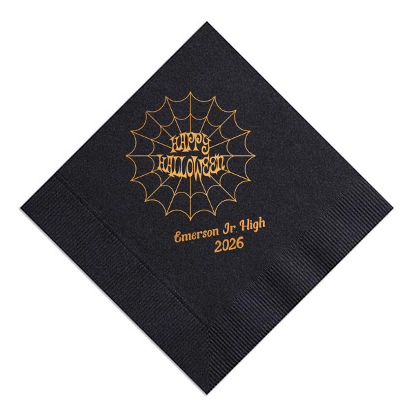 Celebrate halloween in style! If you are throwing a halloween party a custom napkin will enchant your guests. The spooky spiderweb graphic has a funky font for that elevated touch to your party. 