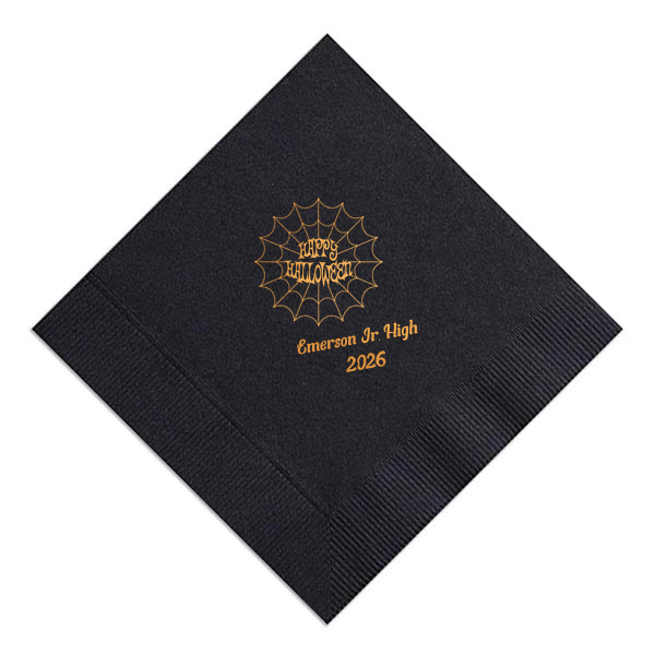 Celebrate halloween in style! If you are throwing a halloween party a custom napkin will enchant your guests. The spooky spiderweb graphic has a funky font for that elevated touch to your party. 