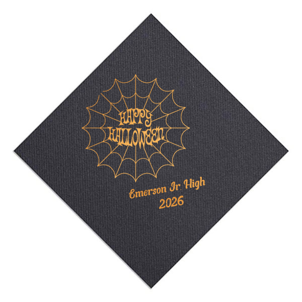 Celebrate halloween in style! If you are throwing a halloween party a custom napkin will enchant your guests. The spooky spiderweb graphic has a funky font for that elevated touch to your party. 
