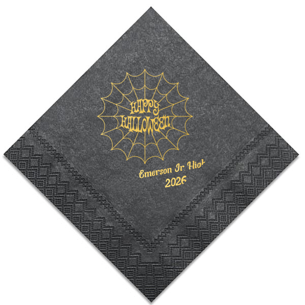 Celebrate halloween in style! If you are throwing a halloween party a custom napkin will enchant your guests. The spooky spiderweb graphic has a funky font for that elevated touch to your party. 