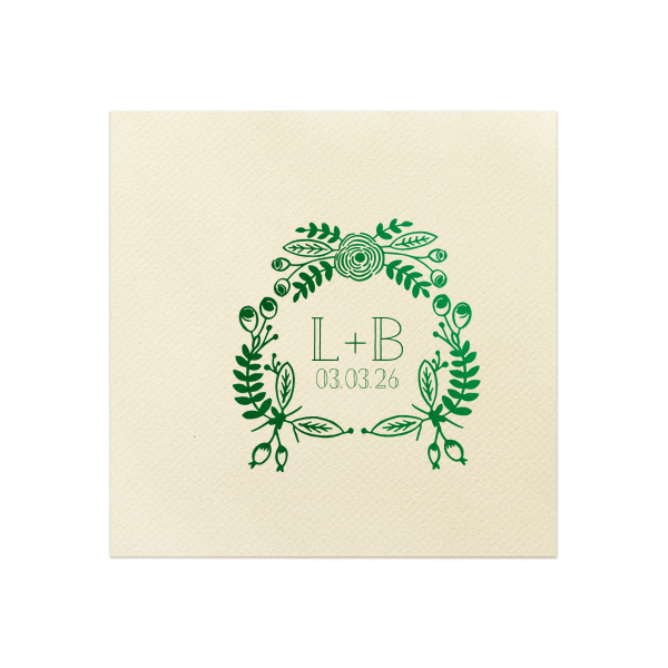 Add a touch of nature’s charm to your special day with the Beautiful Bouquet Wedding Napkin. This hand-drawn floral frame, lush with greenery, beautifully encircles the couple’s initials and event date. Bountiful and beautiful, it’s a celebration of love in full bloom.