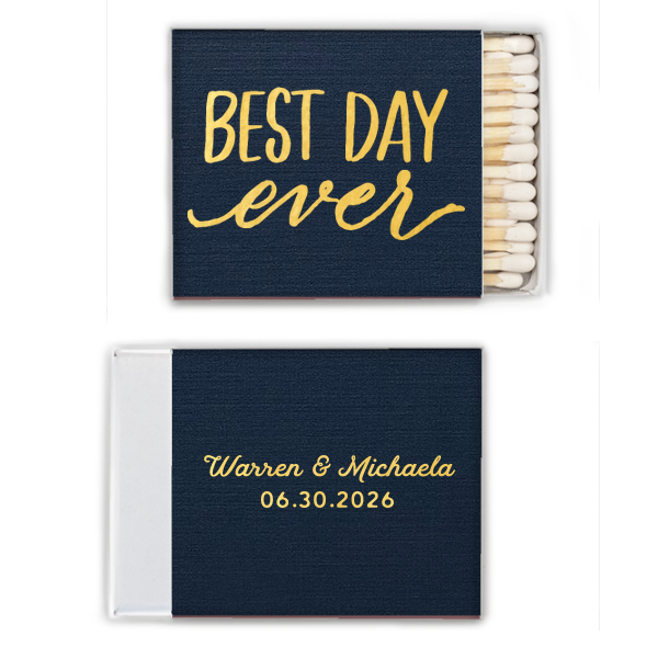 50 Traditional Script Names Best Day Ever Wedding Match - Personalized Anniversary Square Matchbox (Foil)