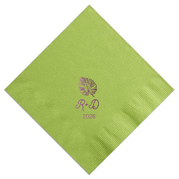 ForYourParty's chic Pistachio Luncheon Napkin with Shiny Amethyst Foil has a Palm Leaf graphic and is good for use in Organic, Floral, Trendy themed parties and will add that special attention to detail that cannot be overlooked.