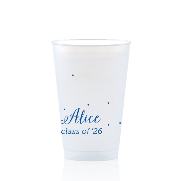 Bubbly Bliss. Add a touch of whimsy to your celebration with the Sweet Polka Dot Celebration Cup. Featuring a delightful smattering of polka dots that evoke confetti or bubbles, this design energizes any event. The sweet dots provide a charming backdrop for the celebrant’s name in elegant script and the event details below.

