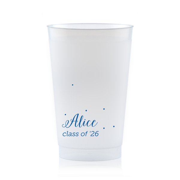 Bubbly Bliss. Add a touch of whimsy to your celebration with the Sweet Polka Dot Celebration Cup. Featuring a delightful smattering of polka dots that evoke confetti or bubbles, this design energizes any event. The sweet dots provide a charming backdrop for the celebrant’s name in elegant script and the event details below.

